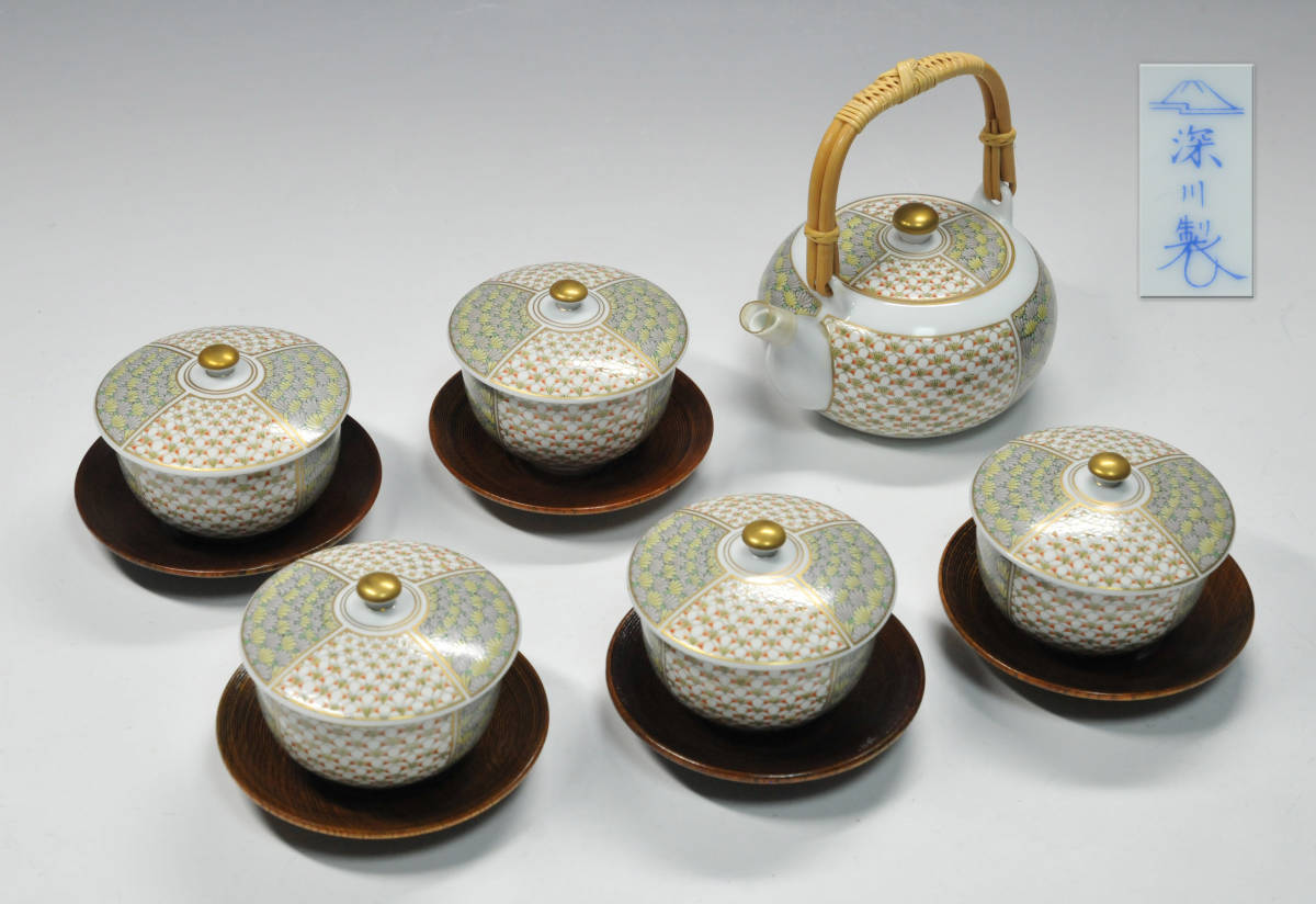 ヤフオク! - 深川製 茶器揃 梅菊地紋 急須・蓋付湯呑5客・銘々皿 共箱...