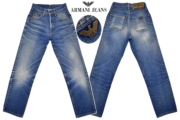 K-3796★美品★ARMANI JEANS アルマーニ LOT 3★90s イタリア製 ヴィンテージ 色落ち抜群ひげ縦落ちデニム テーパードスリム ジーンズ W-28_画像1