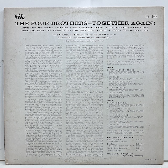 ●即決LP Four Brothers / Together Again j34589 米オリジナル、Dg Mono サージ・チャロフ、 アル・コーン、 ズート・シムズ_画像4