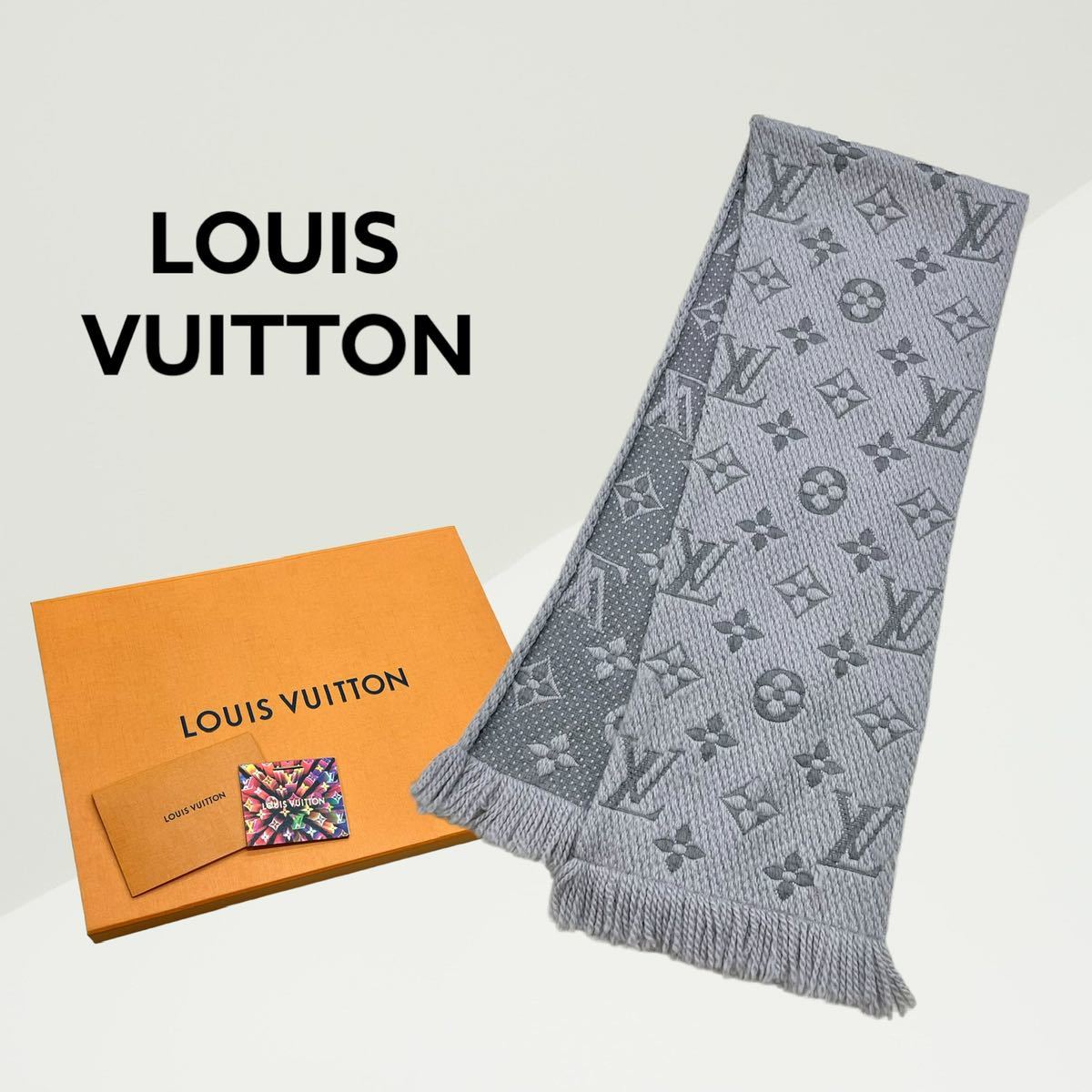 高級 箱付 LOUIS VUITTON ルイヴィトン エシャルプ・ロゴマニア モノグラム グリペルル ウール シルク フリンジ マフラー M74742 