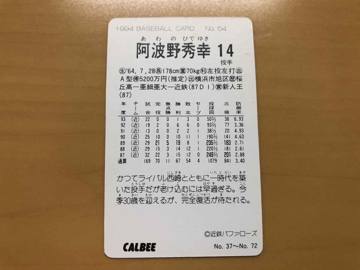 そこそこ美品 カルビープロ野球カード 1994年 阿波野秀幸(近鉄) No.54の画像2