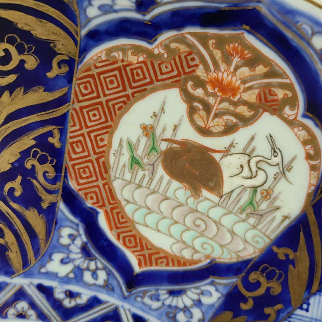古伊万里 伊万里 特大 皿 色絵 金襴手 鶴 菊 明治期 飾皿 尺五 大皿 古 ドイツのショルツ首相 【上作品】幕末~明治 古伊万里 見込みに3つ葉 鶴に丸紋波文様 12.3cm皿 食器