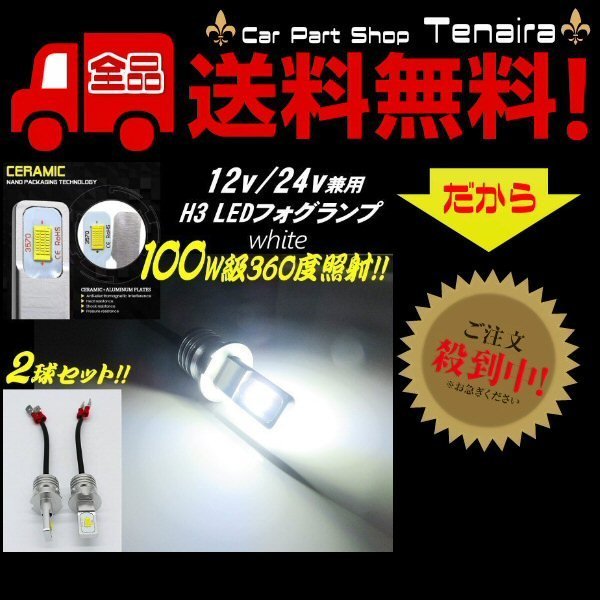 12v 24v 兼用 LED H3 フォグランプ 100w相当 無極性 プラチナ ホワイト 白色 ショートタイプ メール便送料無料 2_画像1