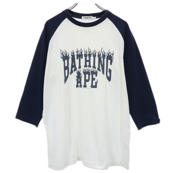 定番  L Tシャツ 七分袖 ロゴプリント 日本製 アベイシングエイプ 白×ネイビー 221018 メンズ APE BATHING A 長袖Tシャツ