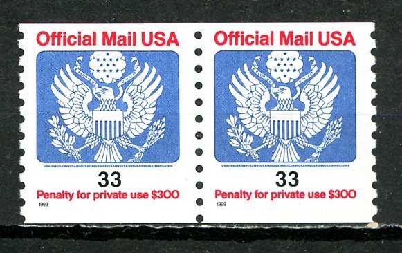 ∞アメリカ 1999年 公用コイル切手 SC#O157 未使用NH 1種2枚の画像1