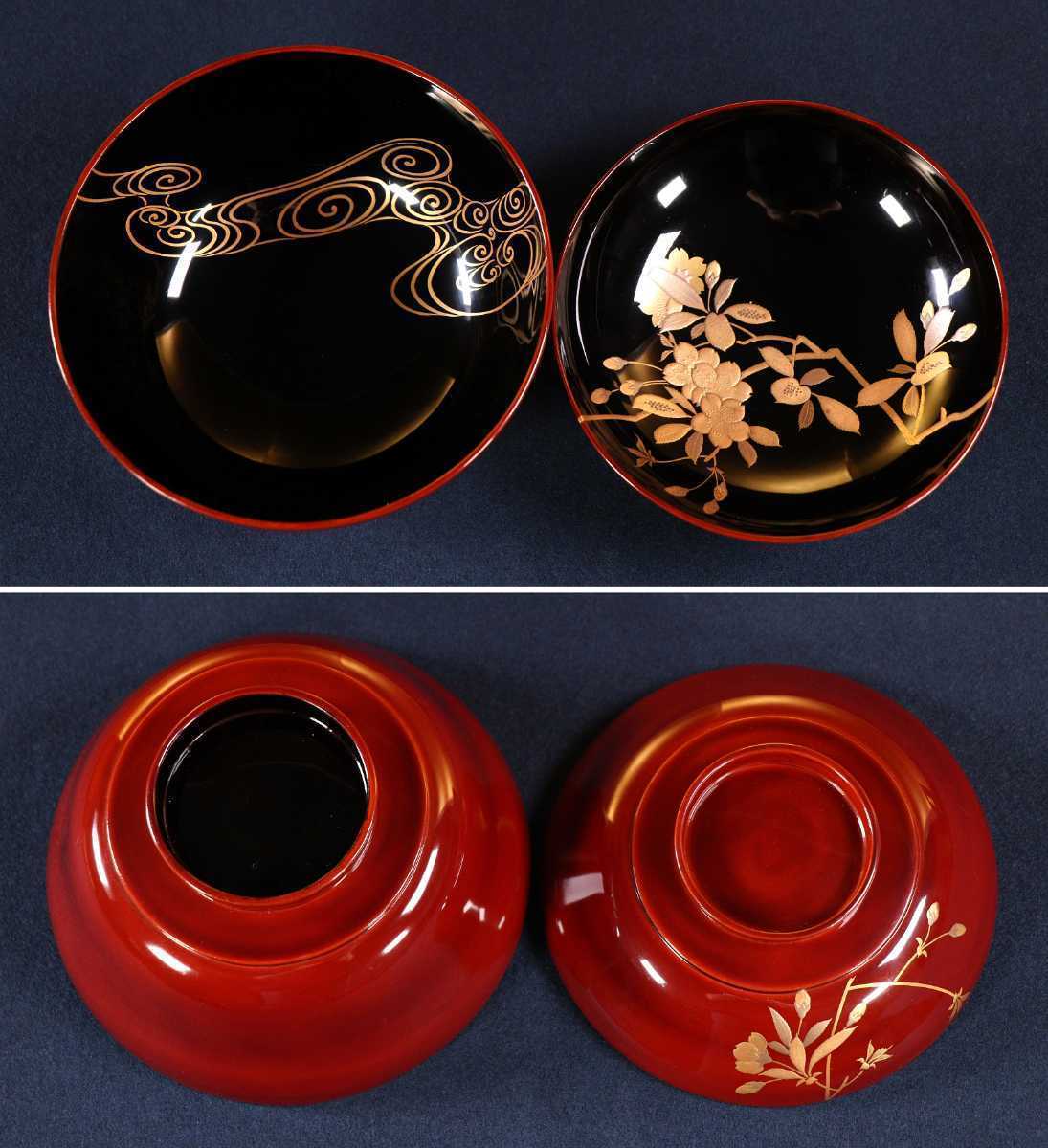 CAK82 高級時代輪島塗 本金流水桜蒔絵溜塗煮物椀五客 内黒塗 切 CAK82 高級時代輪島塗 本金流水桜蒔絵溜塗煮物椀五客 内黒塗 切