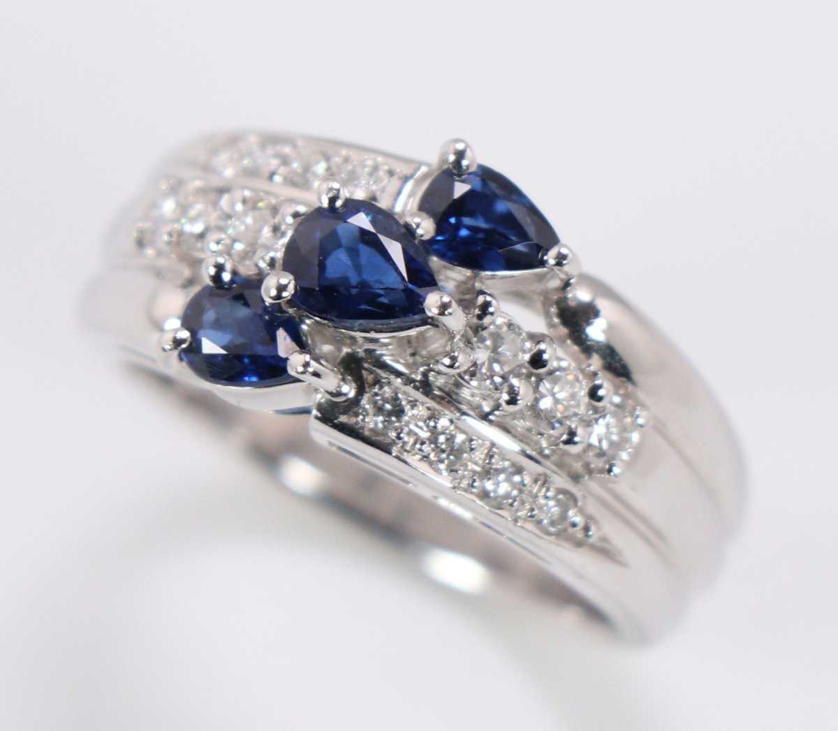 CAK68 天然サファイア 0.89ct ダイヤモンド 0.30ct プラチナリング Pt900 13号 ロイヤルブルー ペアシェイプ ドロップ 雫 指輪 ジュエリー
