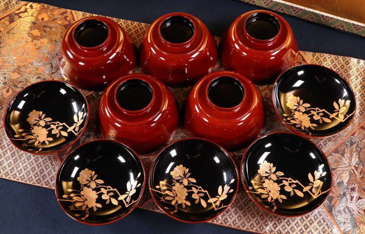 CAK82 高級時代輪島塗 本金流水桜蒔絵溜塗煮物椀五客 内黒塗 切 CAK82 高級時代輪島塗 本金流水桜蒔絵溜塗煮物椀五客 内黒塗 切