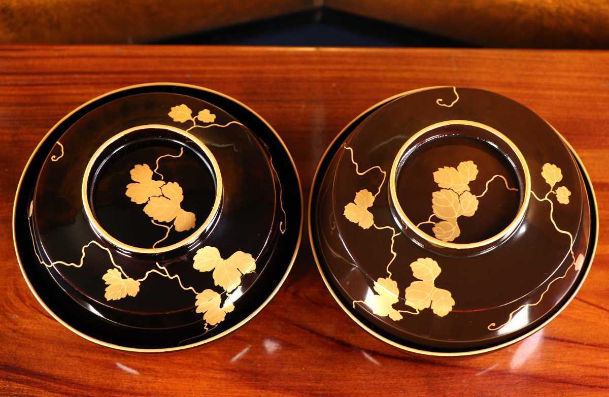 CBK05 時代輪島塗 黒塗箔蔦文様蒔絵椀二客 金蒔絵 本金 黒漆 CBK05 時代輪島塗 黒塗箔蔦文様蒔絵椀二客 金蒔絵 本金 黒漆