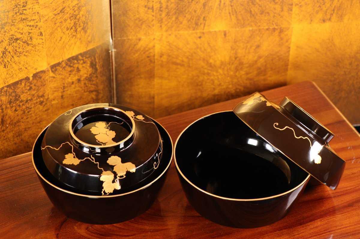 CBK05 時代輪島塗 黒塗箔蔦文様蒔絵椀二客 金蒔絵 本金 黒漆 CBK05 時代輪島塗 黒塗箔蔦文様蒔絵椀二客 金蒔絵 本金 黒漆