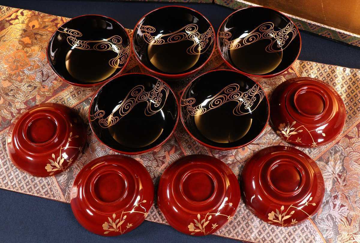 CAK82 高級時代輪島塗 本金流水桜蒔絵溜塗煮物椀五客 内黒塗 切 CAK82 高級時代輪島塗 本金流水桜蒔絵溜塗煮物椀五客 内黒塗 切