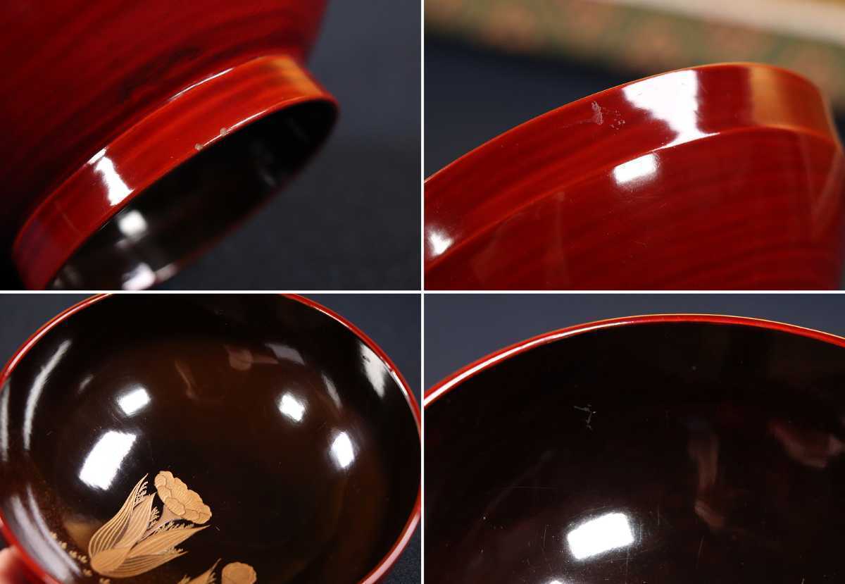 CBK32 時代漆器輪島塗 本金松蒔絵朱筋椀二客 黒塗松ぼっくり煮物吸物