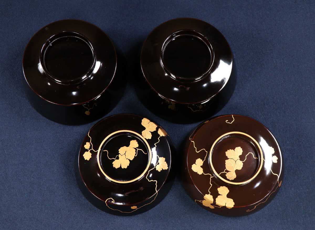 CBK05 時代輪島塗 黒塗箔蔦文様蒔絵椀二客 金蒔絵 本金 黒漆 CBK05 時代輪島塗 黒塗箔蔦文様蒔絵椀二客 金蒔絵 本金 黒漆