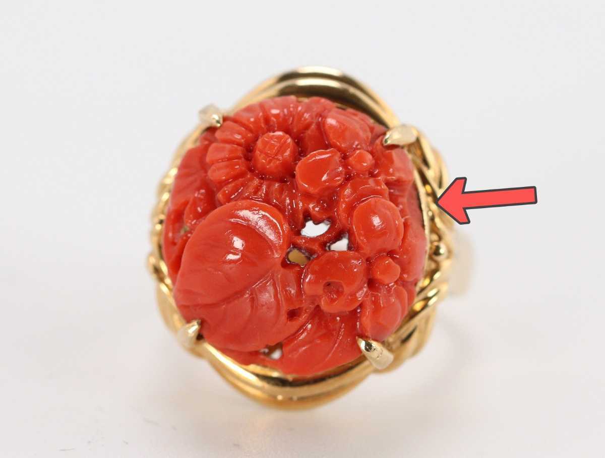 CBK23 草花透かし彫 天然赤珊瑚18金デザインリング 細密彫刻 K18 10.5号 サンゴ コーラル 日本産 土佐沖 3月誕生石 高級ジュエリー  指輪