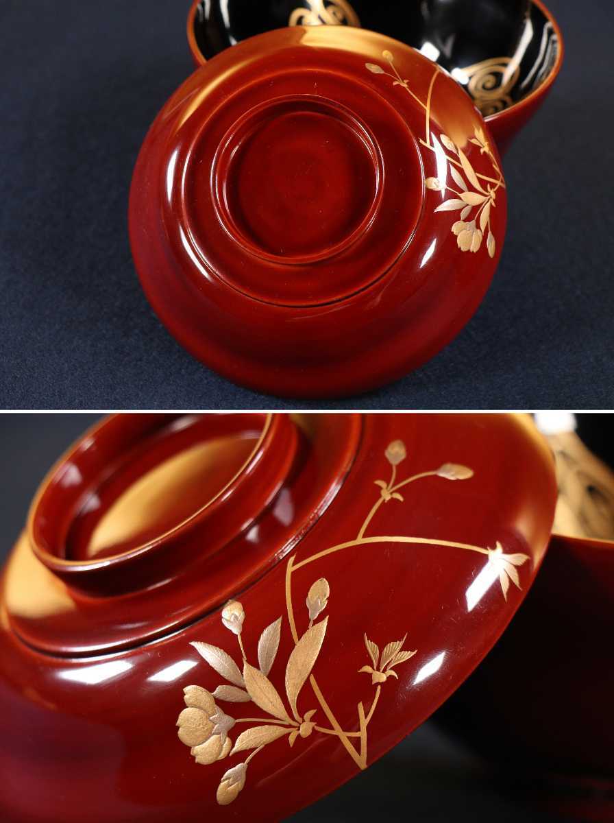 CAK82 高級時代輪島塗 本金流水桜蒔絵溜塗煮物椀五客 内黒塗 切 CAK82 高級時代輪島塗 本金流水桜蒔絵溜塗煮物椀五客 内黒塗 切