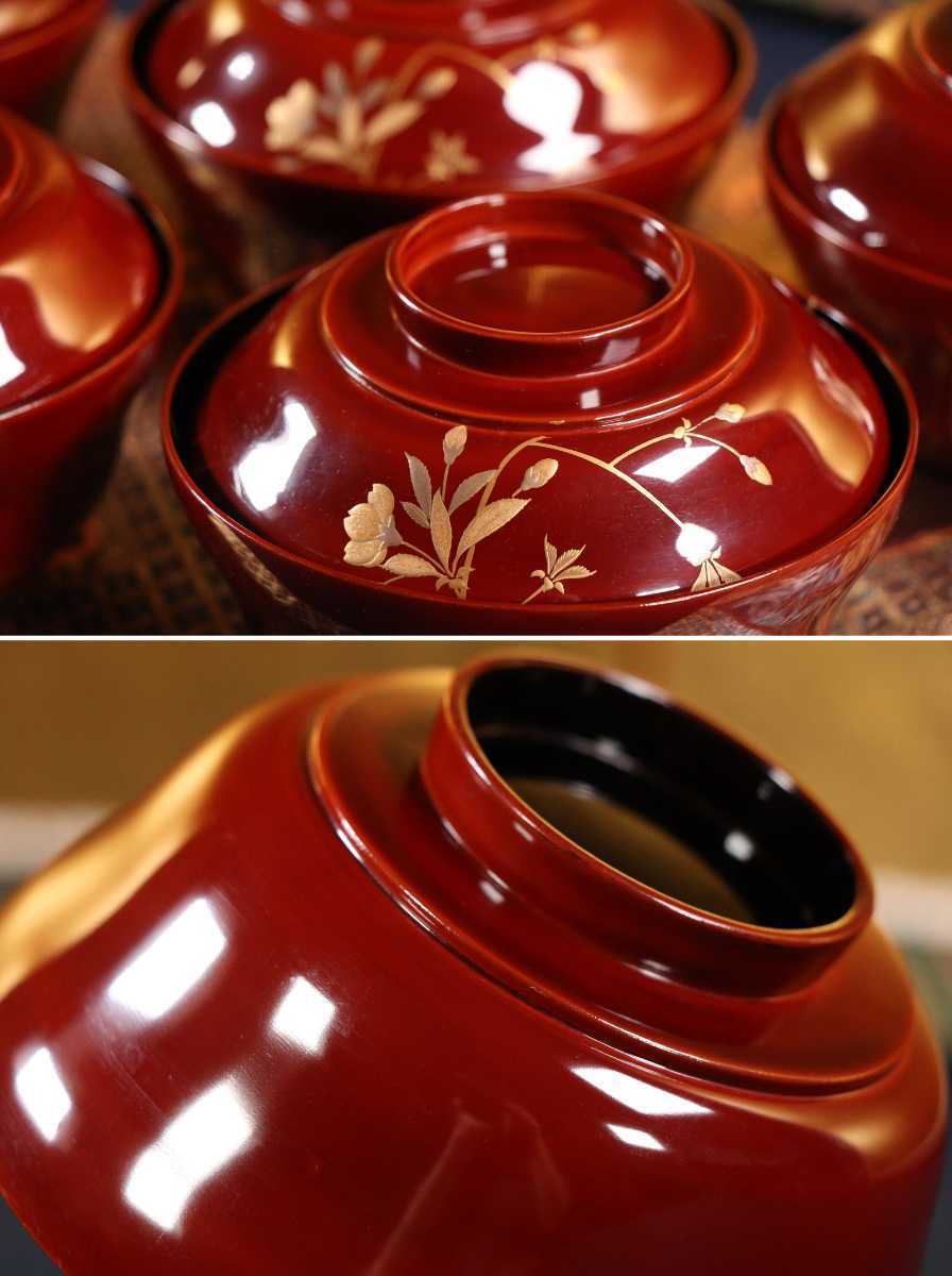 CAK82 高級時代輪島塗 本金流水桜蒔絵溜塗煮物椀五客 内黒塗 切 CAK82 高級時代輪島塗 本金流水桜蒔絵溜塗煮物椀五客 内黒塗 切