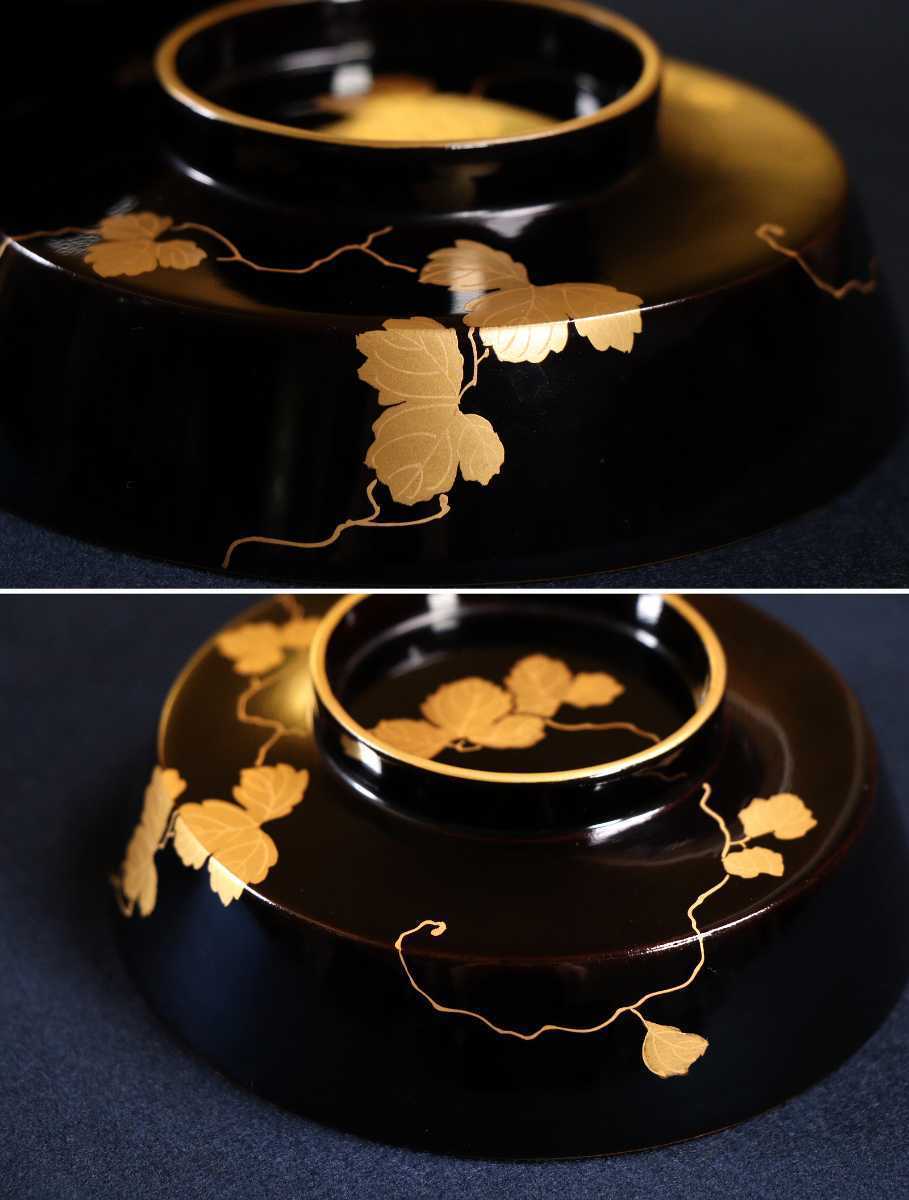 CBK05 時代輪島塗 黒塗箔蔦文様蒔絵椀二客 金蒔絵 本金 黒漆 CBK05 時代輪島塗 黒塗箔蔦文様蒔絵椀二客 金蒔絵 本金 黒漆