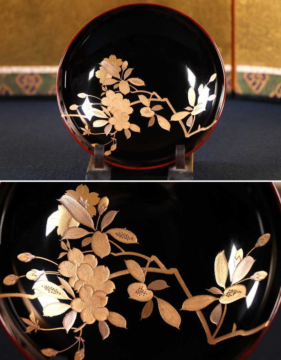 CAK82 高級時代輪島塗 本金流水桜蒔絵溜塗煮物椀五客 内黒塗 切 CAK82 高級時代輪島塗 本金流水桜蒔絵溜塗煮物椀五客 内黒塗 切