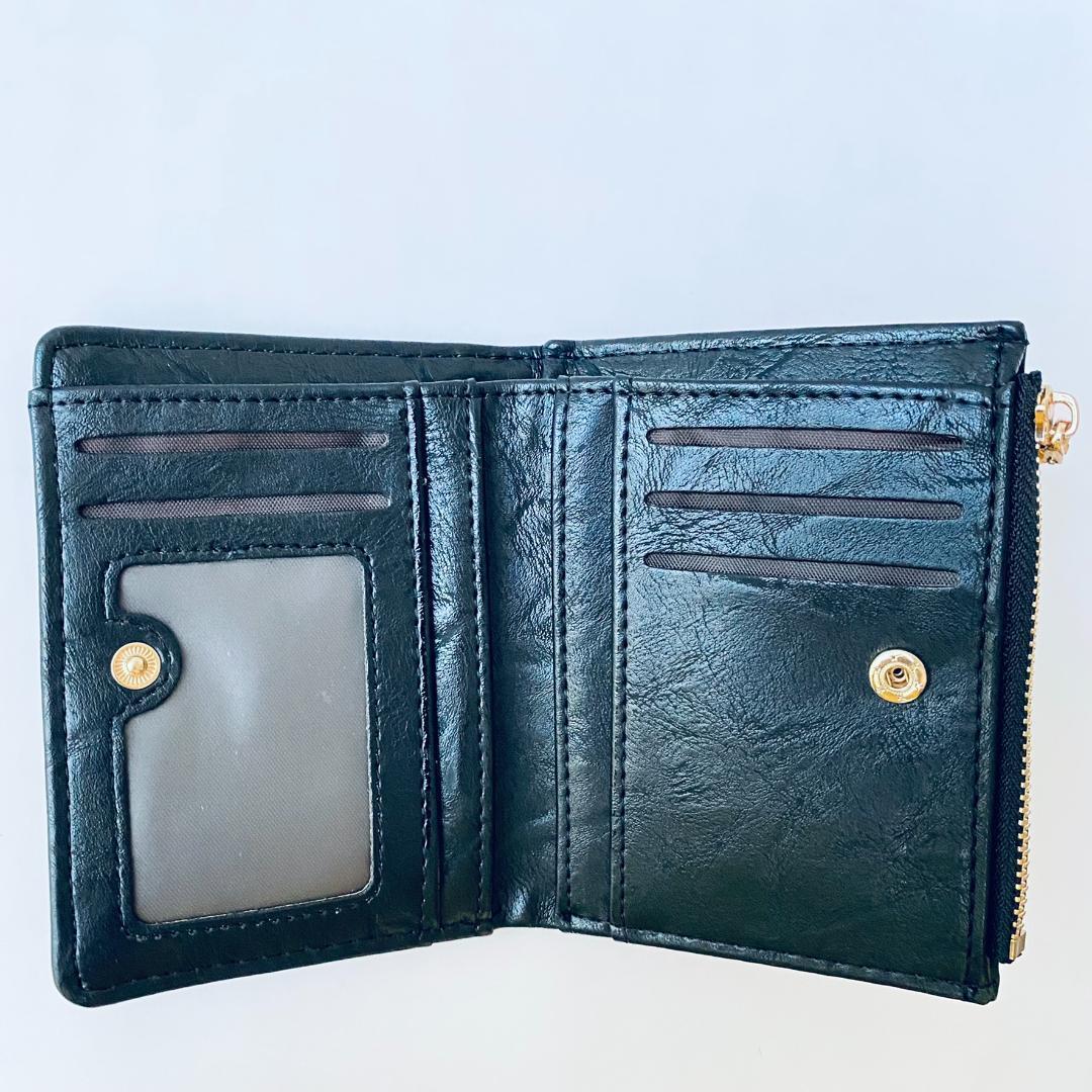 財布＋パスケースセット 二つ折り財布（黒）レディース コンパクト PUレザー カード入れ 小銭入れ ブラック おしゃれ