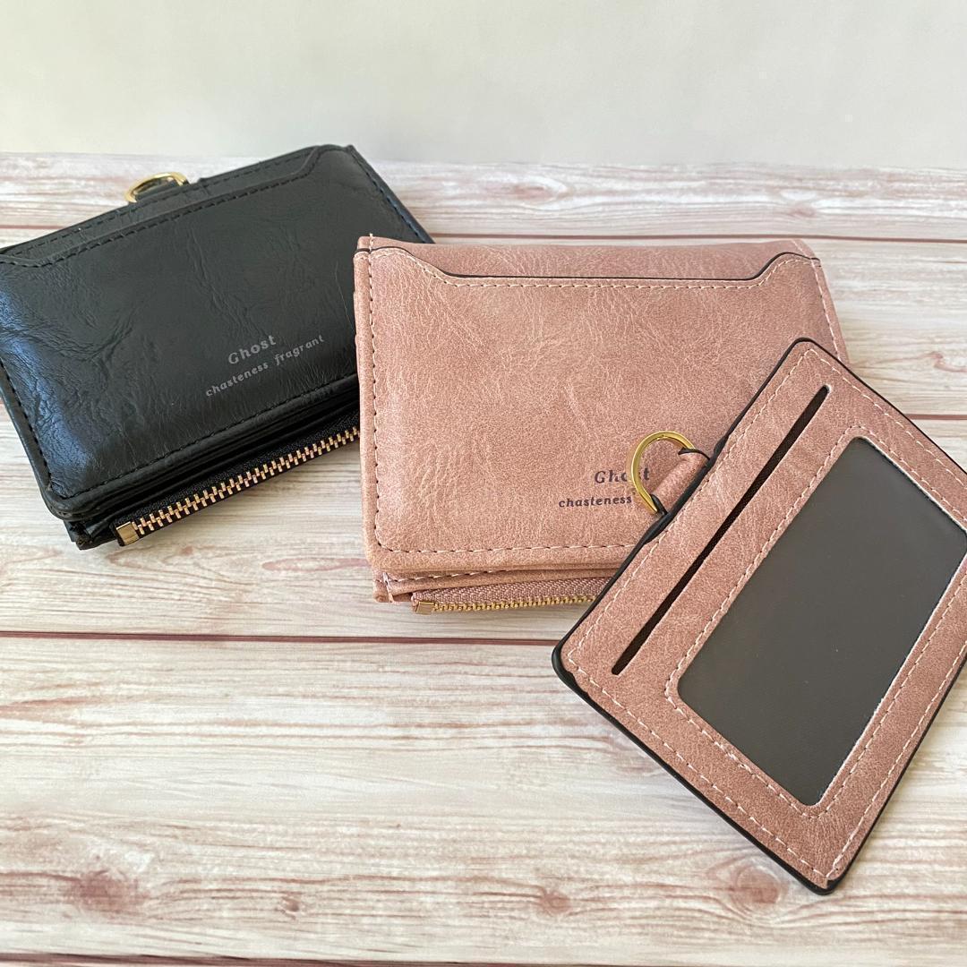 財布＋パスケースセット 二つ折り財布（黒）レディース コンパクト PUレザー カード入れ 小銭入れ ブラック おしゃれ