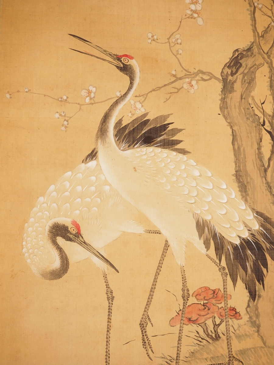 【真作】【蘇山】[大西仙洲] 13199 掛軸 日本画 梅に双鶴の図 合箱 紙