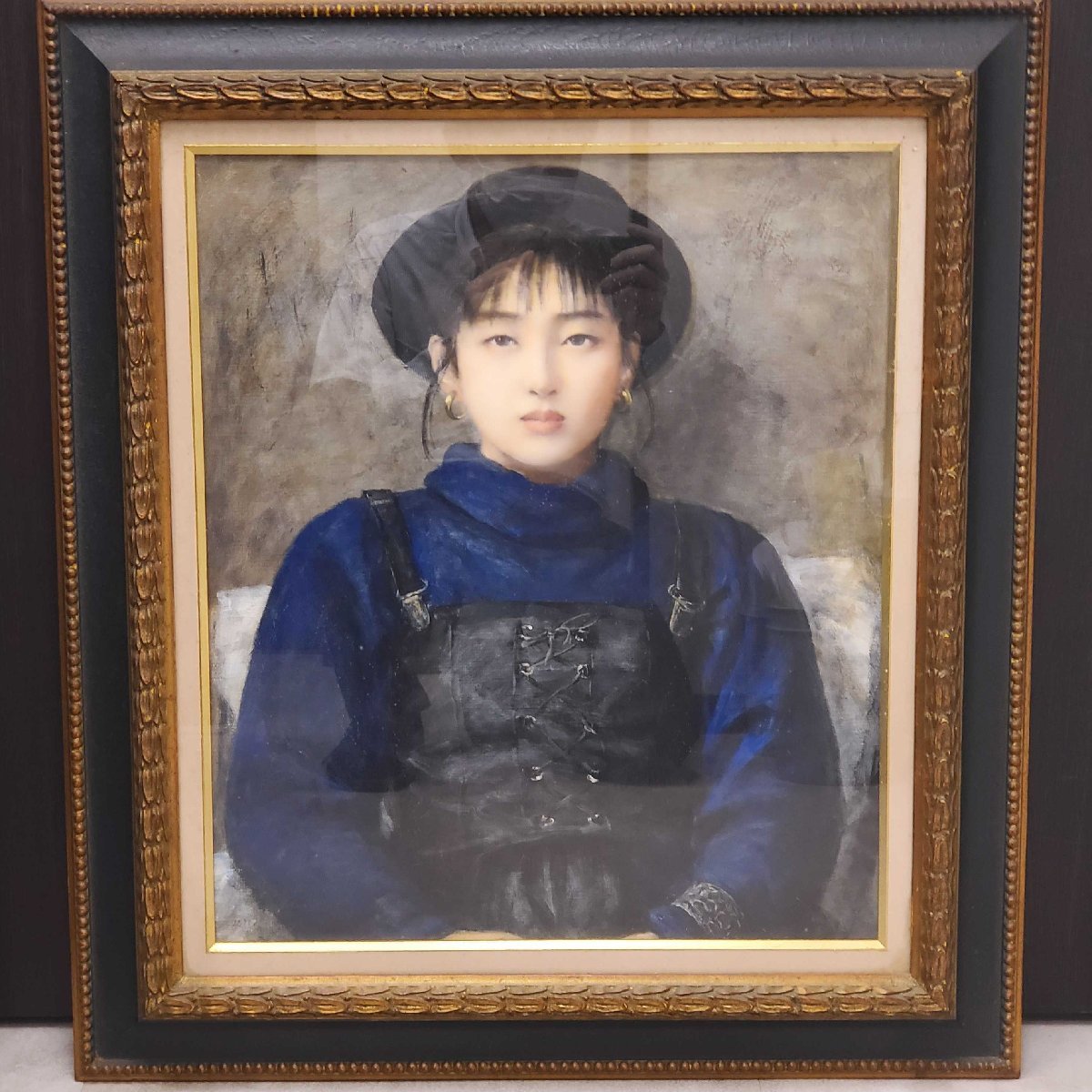 石村勝宣 黒い帽子の少女 F10号 保管品 油彩 キャンバス 人物画 額縁