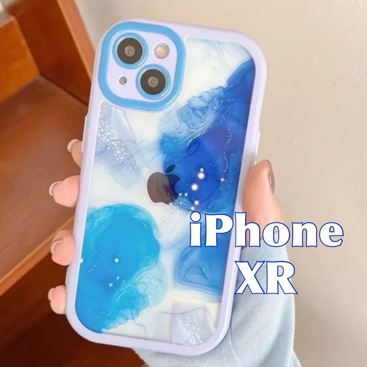 iPhone XR ケース 幾何学模様 青 ブルー 紫 パープル 水彩絵の具 大理石 透明 クリア 耐衝撃 衝撃吸収 スマホ カバー JHCAS_画像1