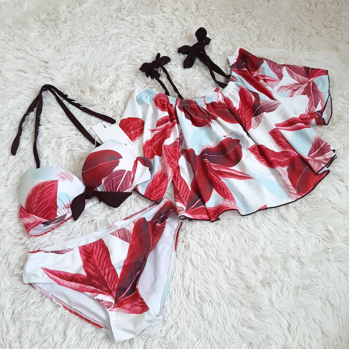  anonymity delivery * unused TEDDYbotanikaru pattern wire bikini Rush Guard set swimsuit dark red white Mka
