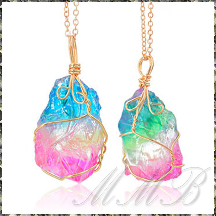 [PENDANT NECKLACE] Rainbow Stone レインボー クリスタル チャクラ ロック ペンダント ゴールド チェーン ネックレス_画像6