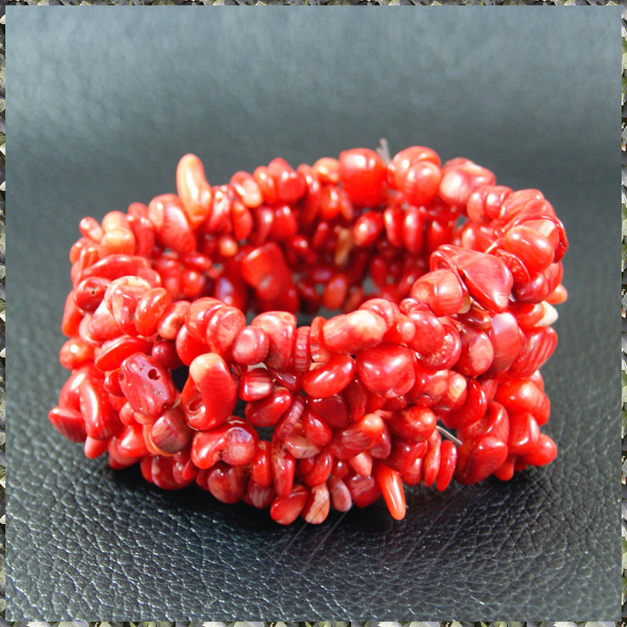 [BRACELET] Natural Red Sea Coral Chip Beads ナチュラル 赤珊瑚 イレギュラーチップ 伸縮ライン マルチライン ブレスレット 【送料無料】_画像1
