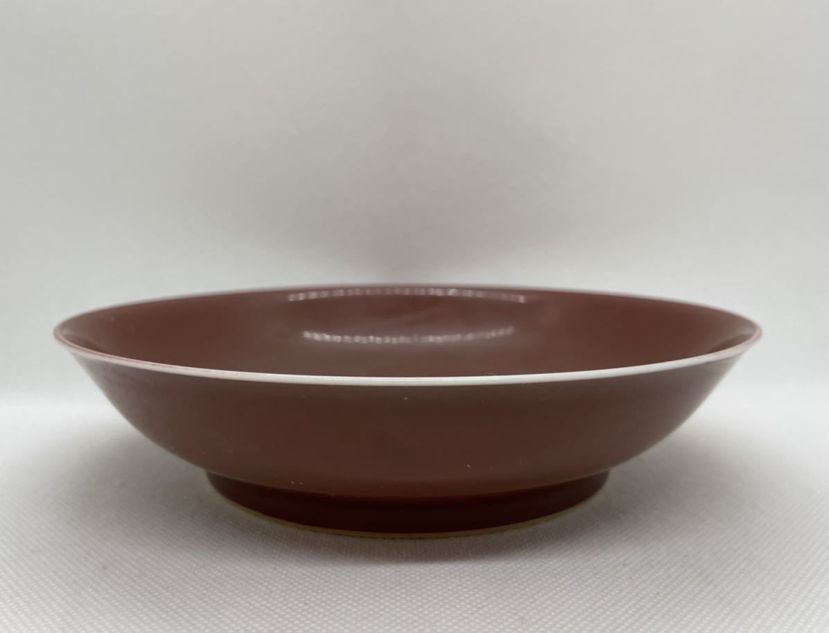 中国美術 文房具 時代物 清朝期 紅釉 辰砂 皿(検 古玩 古美術 唐物 染