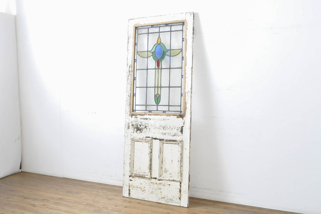 R-063754　アンティーク建具　イギリスアンティーク　ステンドグラスがおしゃれな木製ドア1枚(木製扉、ガラス扉、玄関ドア)(R-063754)