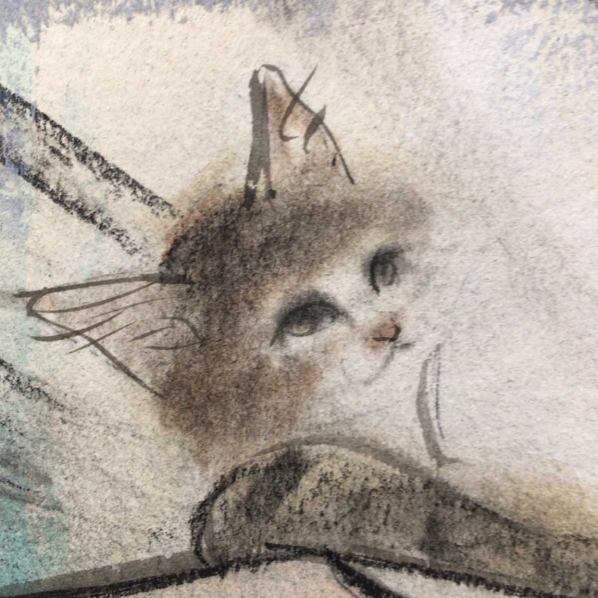 真作保証品『小沢良吉 肉筆画 貝に横たわる猫(仮題) 鉛筆・水彩