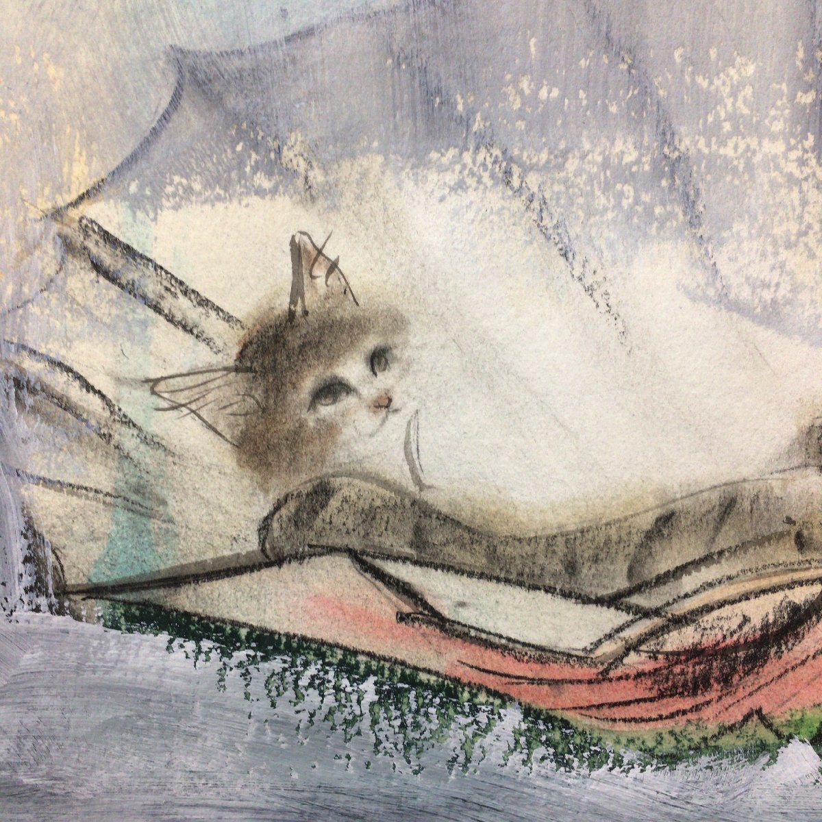 真作保証品『小沢良吉 肉筆画 貝に横たわる猫(仮題) 鉛筆・水彩