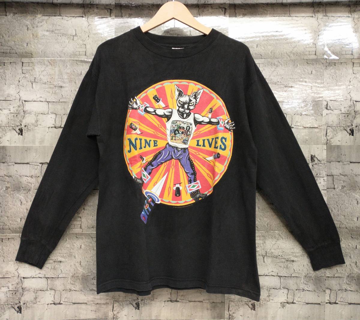 90s USA製 Murina AEROSMITH 1997 NINE LIVES エアロスミス ナイン・ライヴズ バンT 長袖Tシャツ サイズM ブラック 店舗受取可