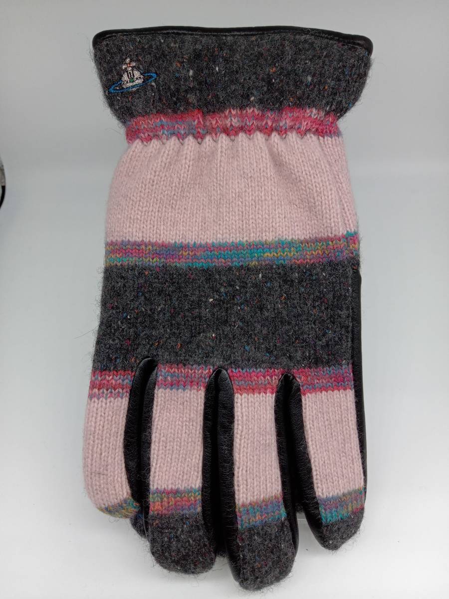 Vivienne Westwood ヴィヴィアンウエストウッド 手袋 毛 ピンク×グレー×ブラック 24cm_画像1
