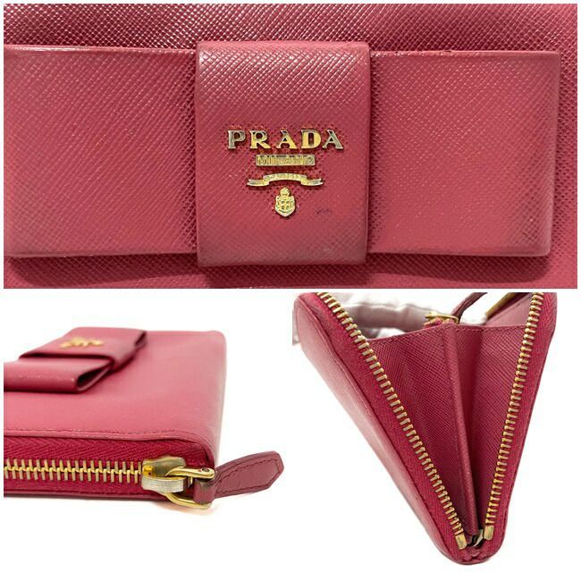 プラダ ラウンドファスナー 長財布 ピンク 1M0506 財布 レザー サフィアーノ 中古 PRADA ファスナー リボン_画像10