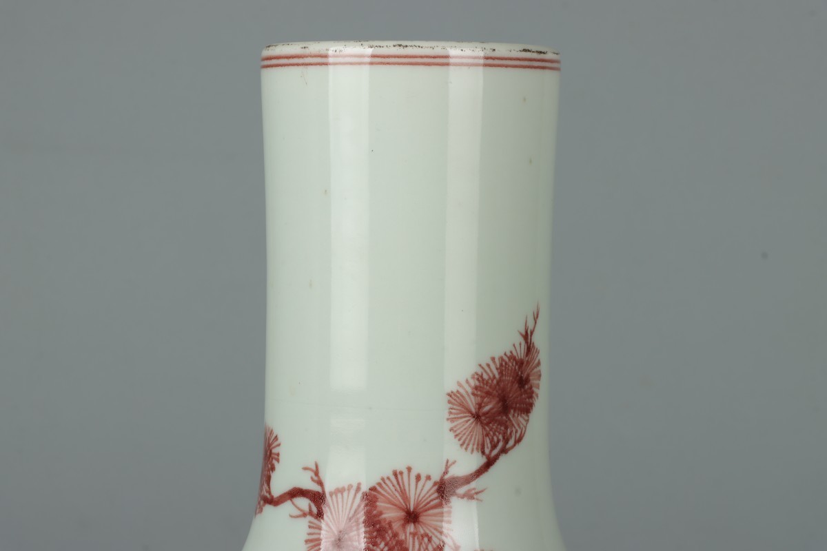 清・福寿康寧款・古陶磁器・青花釉裡紅花鳥松鶴延年紋天球瓶・箱付