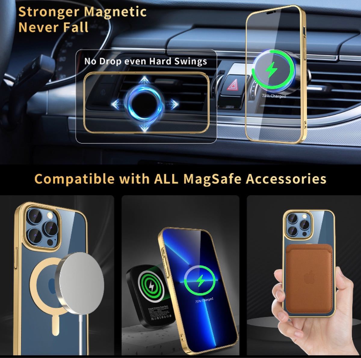 iPhone14ケース MagSafe対応 マグネット搭載 黄変なし 耐衝撃 すり傷防止 ワイヤレス充電対応(ゴールド)
