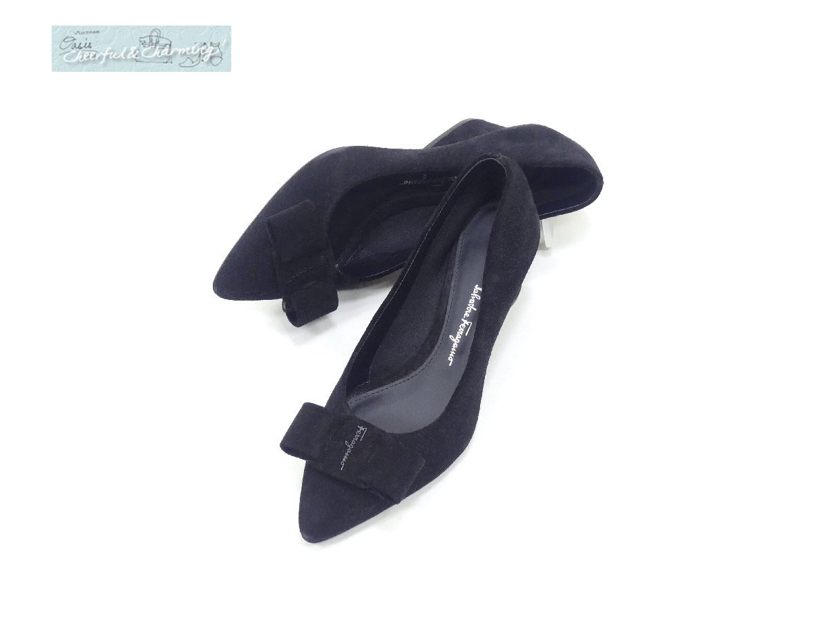 フェラガモ リボンパンプス VIVA 5.5 黒金 比較的美品 ladonna.co.jp