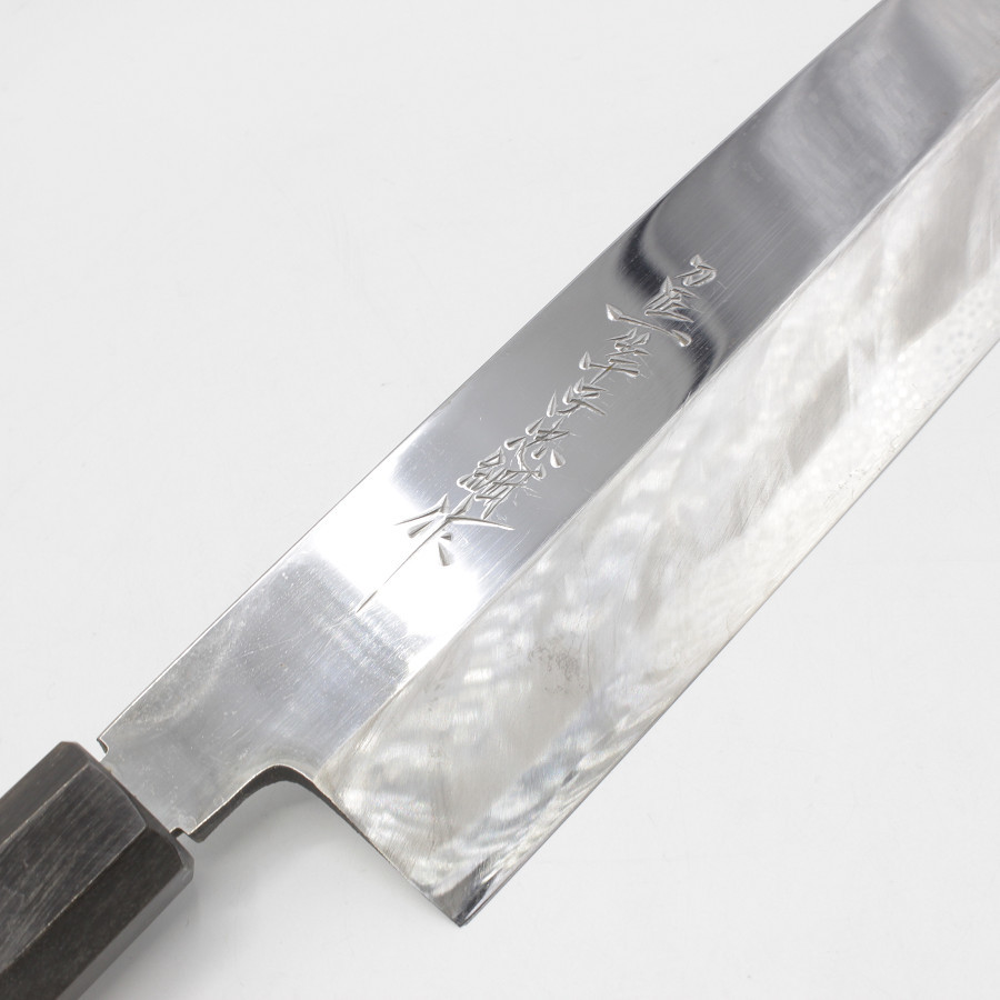 刀匠 堺一竿子忠綱 青鋼 霞 鎌型薄刃包丁 鏡面 八角柄 刃渡り約240mm