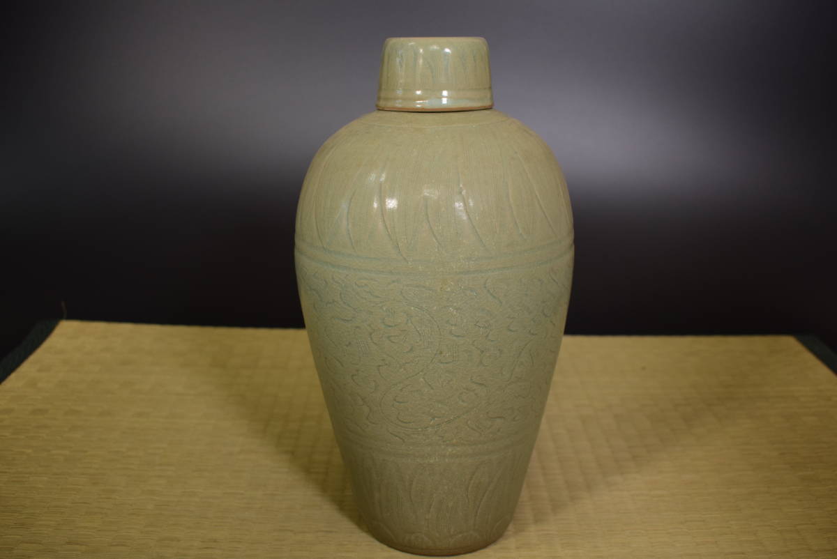 和】古美術収集家買出品 中国古玩 唐物 青磁輪線文蓋付壺 保管箱有