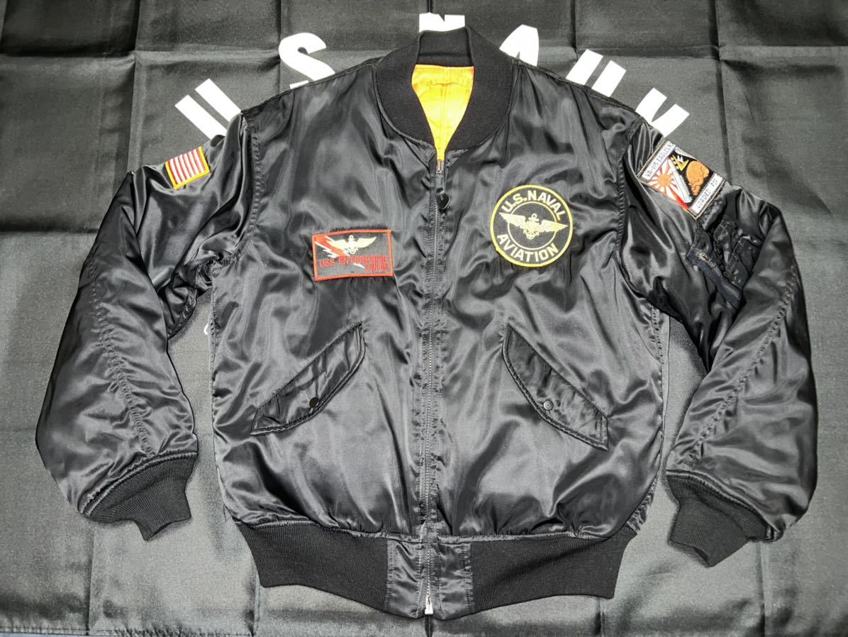 中古美品　made in USA flyer's men intermediate, ms-1 jacket mil-j-82790j (USAF) uss enterprise cvn-65 HOUSTON製　LARGE BLACK