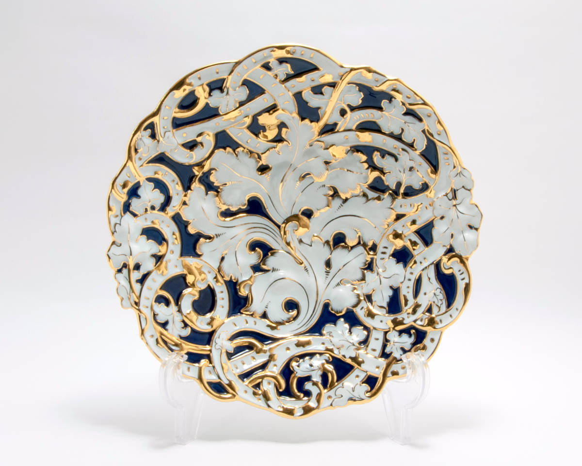 古マイセン 金飾 コバルト地 アカンサスレリーフ 装飾飾り皿 プレート
