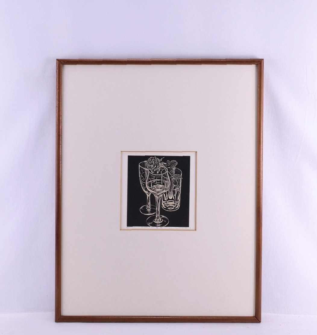 真作 栗田政裕 1979年木版画「クリスタルグラス 薔薇」画寸 13.5×15cm 茨城県出身 銅版画の様な繊細な線 眩いばかりで幻想的な雰囲気 5152