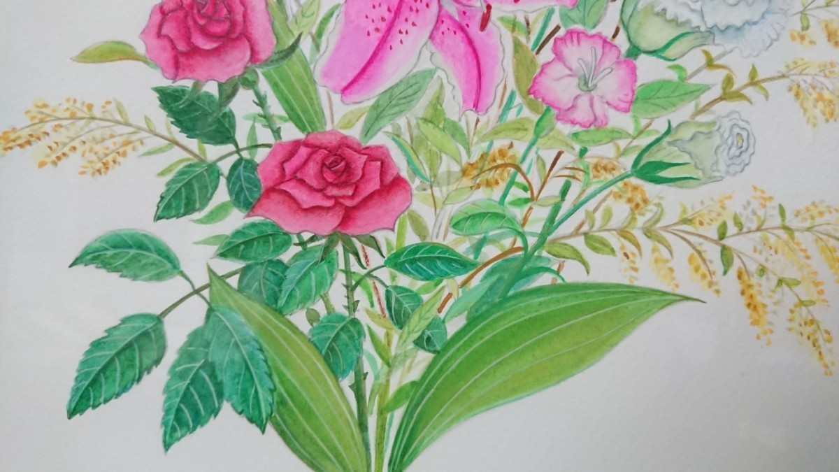 真作 木村真璃 2004年日本画「花束(ブーケ)」画寸 31cm×30cm バラやユリ、カーネーションなど美しい花々を瑞々しく描く 1265_画像6