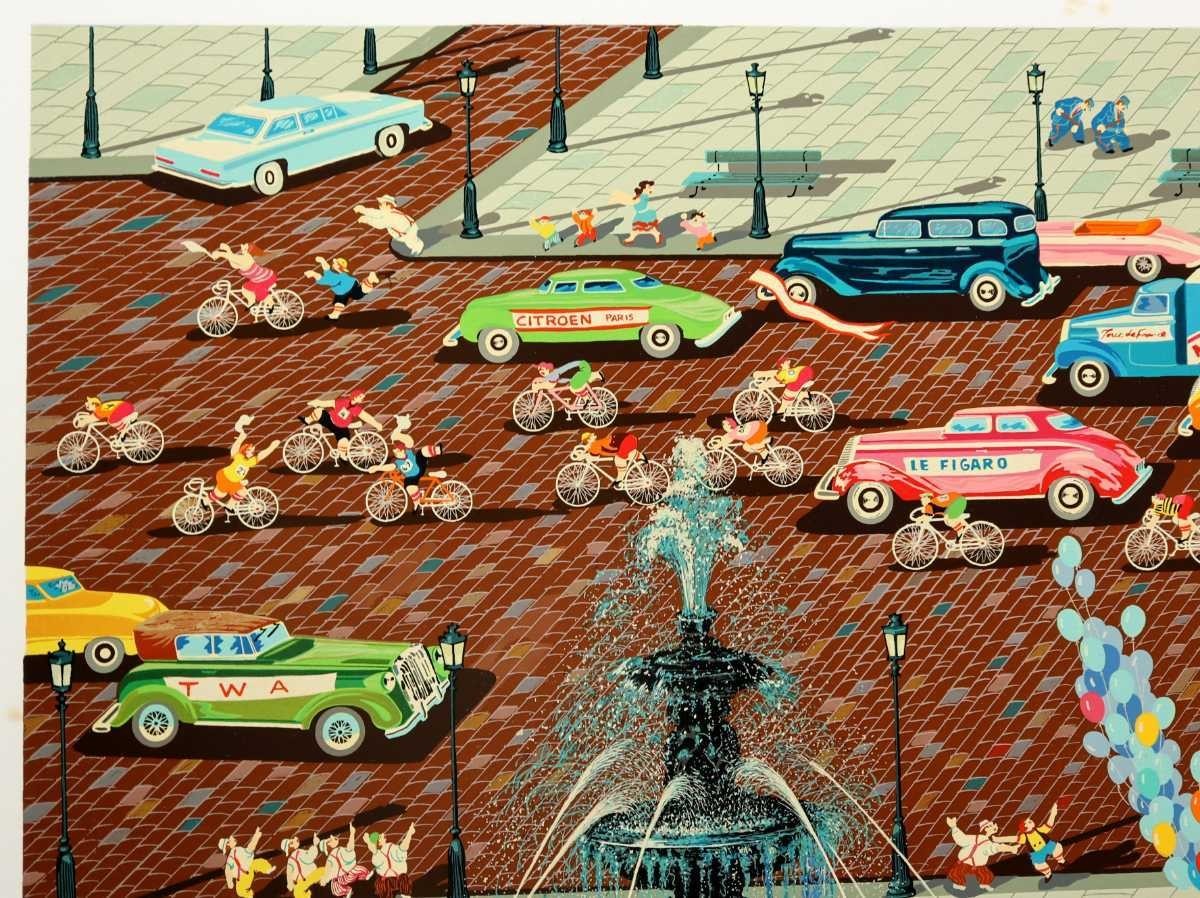 真作 ヒロ・ヤマガタ 1983年初期大判シルクスクリーン「ツール・ド・フランス」画 78×61cm パリ コンコルド広場を疾走の自転車と名車 5783_画像6