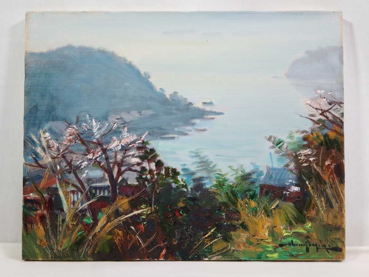 真作 三木俊二 1969年油彩「室津梅林」画41×32cm F6 兵庫県出身 新写実会主宰 斉藤与里に師事 瀬戸内海を一望する丘の上に広がる梅林 5521_画像2