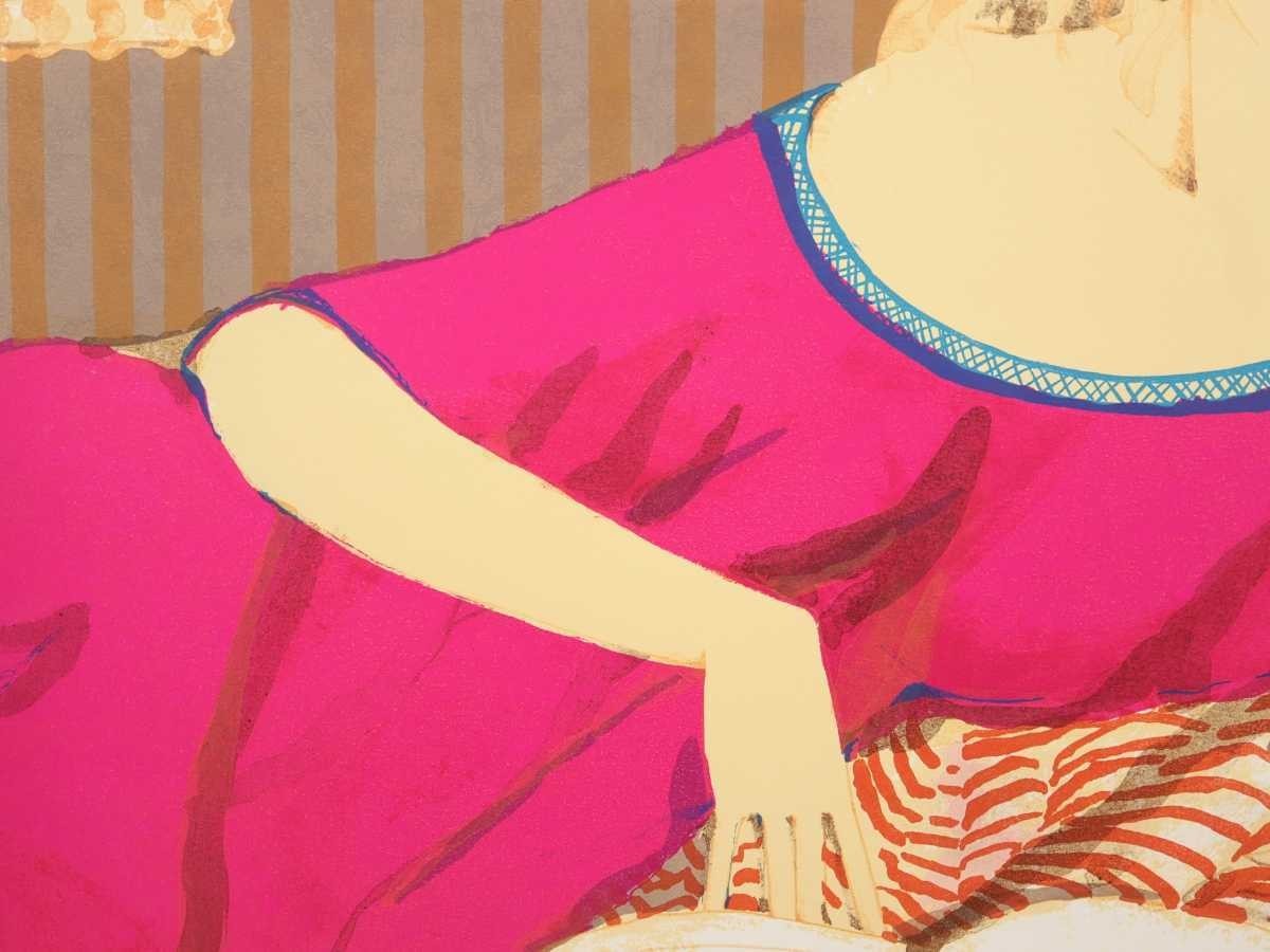 真作 松任谷國子 リトグラフ「読書をする女性」画寸 53×45.5cm 東京都出身 松任谷由美のいとこ 少女漫画の様なデフォルメした女性像 6155_画像7