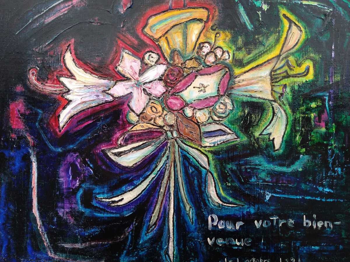 真作 リアノ・デ・ロンジェ 1990年油彩「貴女の歓迎のために」画 45.5×38cm F8 仏人作家 サロン会員 生命感溢れる色彩と独創的な構図 3408_画像3